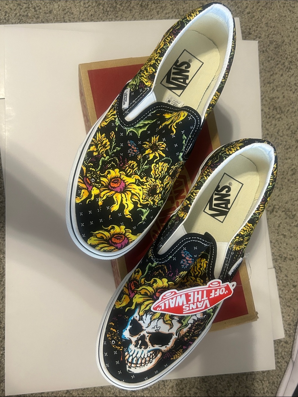 Vans Men’s Slip-On Canvas Shoes — Black with Yellow & Pink Floral Skull